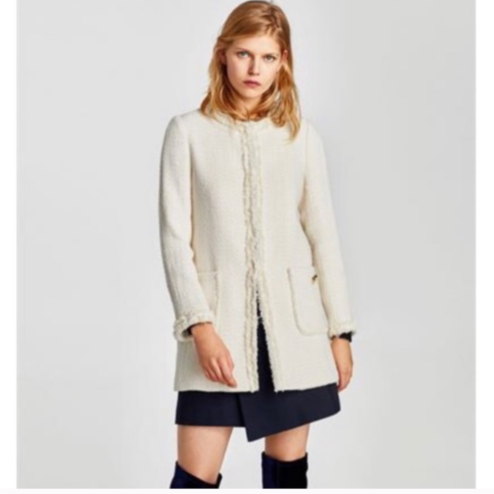 Zara Cream Ivory Tweed Fringe Long Buttoned Coat